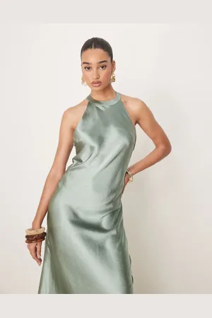 Y.A.S High neck satin maxi dress in soft green