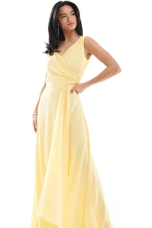TFNC Bridesmaid chiffon wrap front maxi dress with wrap skirt in -Yellow