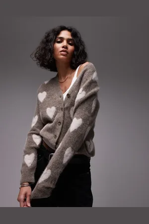 AllSaints Amora heart pattern cardigan in walnut brown / grey