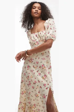 & OTHER STORIES Linen look puff sleeve midaxi dress with split in floral print-Multi