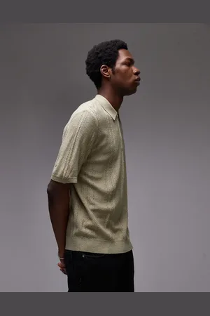Topman Knitted short sleeve 1/4 zip textured polo shirt in -Green