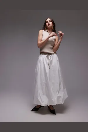 Nialaya Victoria contrast waistband midi puffball skirt in white and