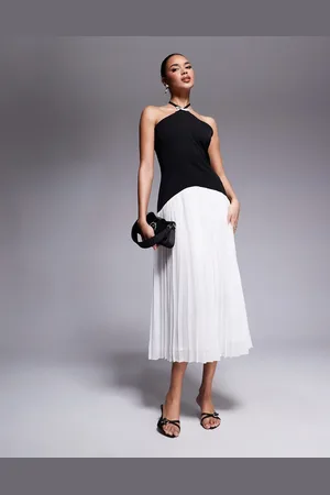 Rare Fashion London bow detail halterneck dropped waist pleated midi dress in black & white mono-Multi