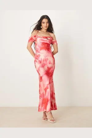 Pretty Lavish Asymmetric cold shoulder slip maxi dress in pink and red floral-Multi