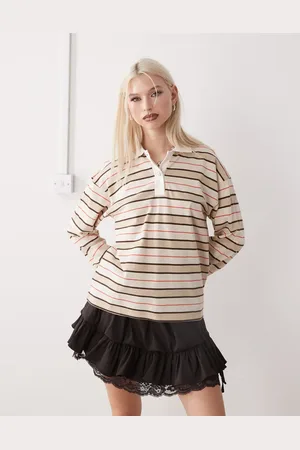 Monki Long sleeve rugby polo top in stripe-Neutral
