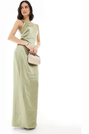 Pretty Lavish Bridesmaid satin boat neck maxi dress in -Green