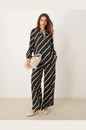 Pretty Lavish Relaxed wide leg stripe pants in black and cream (part of a set)-Multi