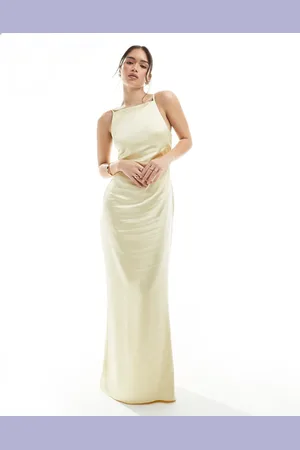 Pretty Lavish Bridesmaid satin boat neck maxi dress in -Yellow