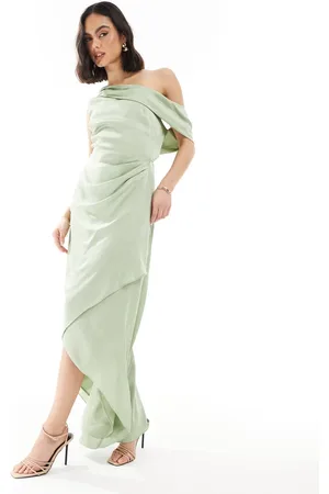 TFNC Bridesmaid satin fallen shoulder maxi dress with wrap skirt in -Green