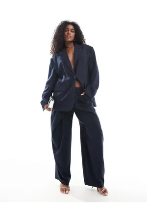 Bershka Wide leg tailored pants in stripe (part of a set)-Blue