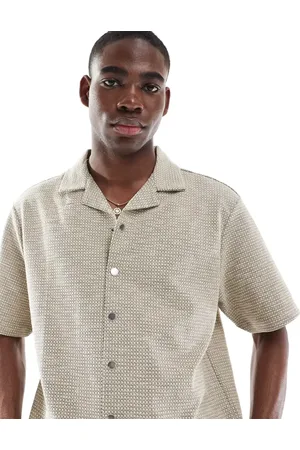 River Island Revere collar textured shirt with taping in stone-Neutral