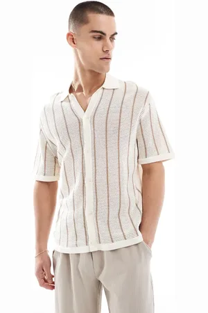 Bershka Knitted button through stripe shirt in ecru