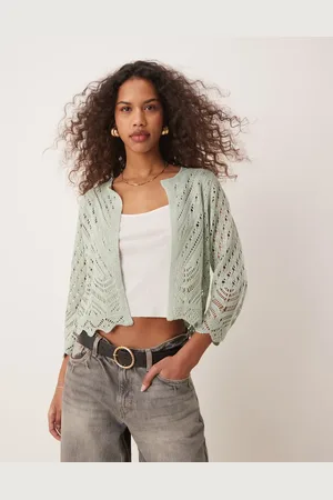 JDY 3/4 sleeve crop broderie cardigan in light sage-Green