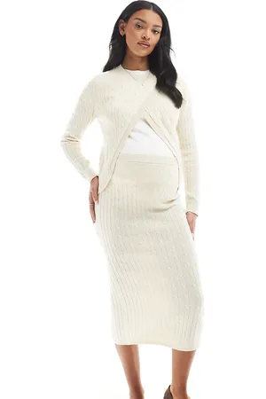 Mama;licious Mamalicious Maternity cable knit midi skirt in cream melange (part of a set)-White