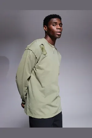 Liquor N Poker Double layer long sleeve distressed t-shirt in khaki