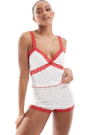 The Frolic Exclusive pointelle red lace trim cami pyjama top in heart print (part of a set)