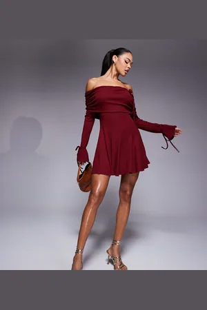 Murci Exclusive knitted bardot fold detail flippy hem mini dress in -Red