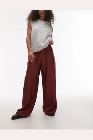 Topshop Textured satin straight leg drawcord pants in burgundy-Brown