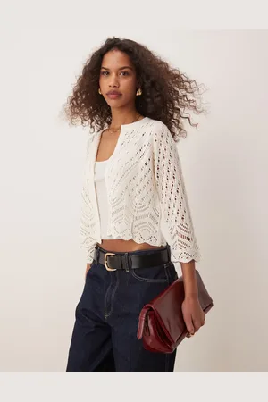 JDY 3/4 sleeve crop broderie cardigan in -Neutral