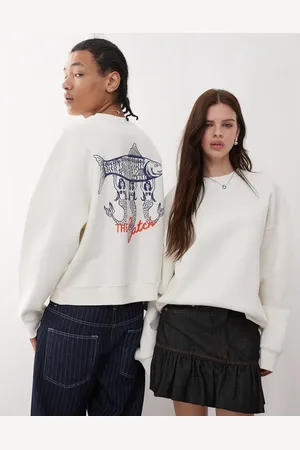 Reclaimed Unisex boxy sweatshirt with fisherman back graphic in -White