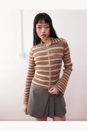 Monki Spacedye zip through cardigan in brown and yellow stripe-Multi