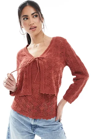 VERO MODA Cropped crochet cardigan in terracotta (part of a set)-Red