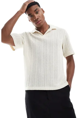 Pull&Bear Knitted texture stripe polo in ecru