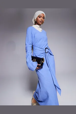 DASKA Long sleeve maxi dress with belt detail in