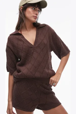 Rhythm Islander collared knit beach shirt in chocolate (part of a set)
