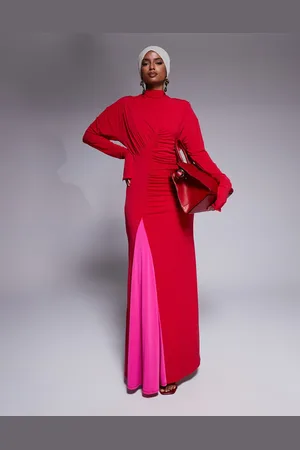 DASKA Exclusive high neck maxi dress in red and pink-Multi