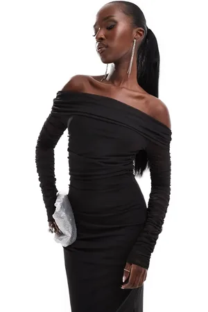 Flounce London Bardot ruched maxi dress in mesh and jersey mix in