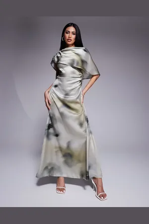 ASOS Satin maxi dress slashed neck cape detail in -Multi