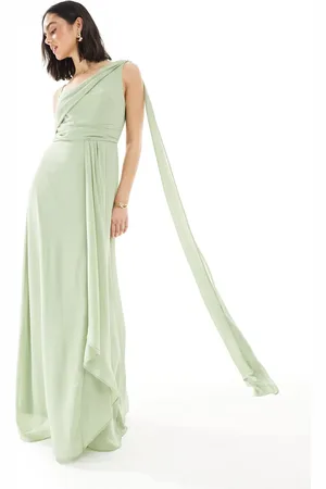 TFNC Bridesmaid one shoulder drape maxi dress with wrap skirt in green