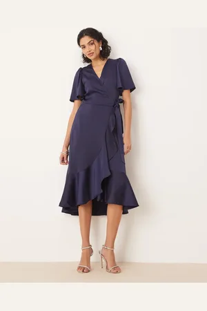 Y.A.S Satin midi wrap dress in navy