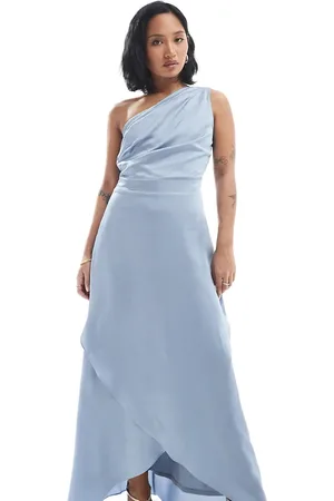 TFNC Bridesmaid one shoulder satin maxi dress with wrap skirt in