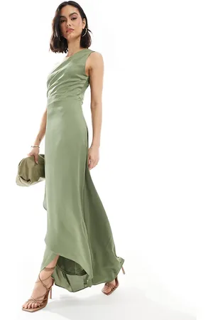 TFNC Bridesmaid one shoulder satin maxi dress with wrap skirt in