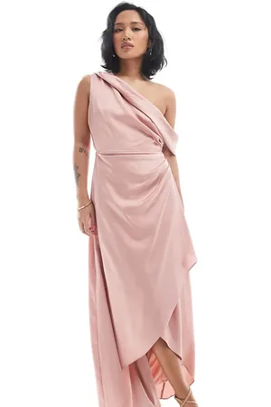 TFNC Bridesmaid satin fallen shoulder maxi dress with wrap skirt in