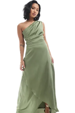 TFNC Bridesmaid one shoulder satin maxi dress with wrap skirt in
