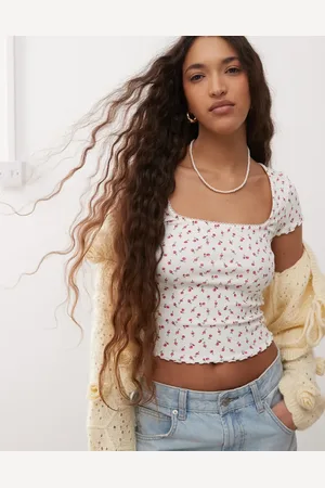 Miss Selfridge Lace trim rib short sleeve top in print-Multi