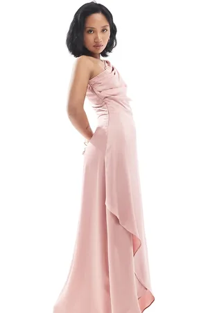 TFNC Bridesmaid one shoulder satin maxi dress with wrap skirt in