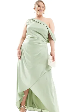 TFNC Bridesmaid satin fallen shoulder maxi dress with wrap skirt in -Green