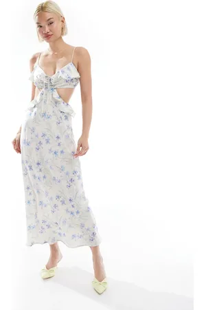 Love Triangle Cut-out frill maxi dress in blue floral-Multi