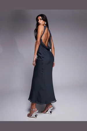 ASOS Asymmetric neckline midaxi dress with draped back detail in -Blue