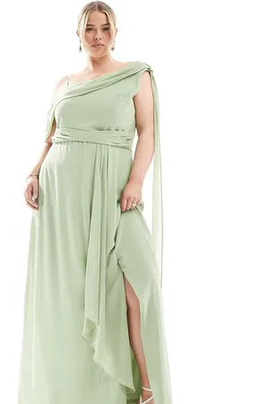 TFNC Bridesmaid one shoulder drape maxi dress with wrap skirt in green