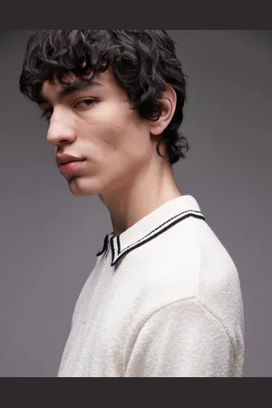 Topman Knitted towelling polo with tipping in -White