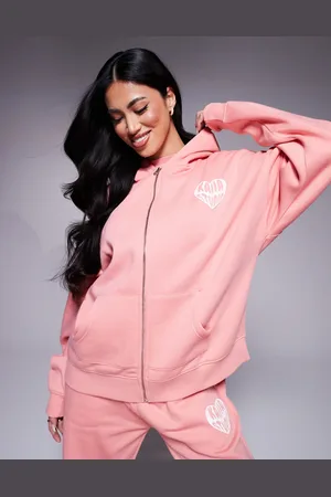 Kaiia Contrast heart logo oversized zip through hoodie in (part of a set)-Orange
