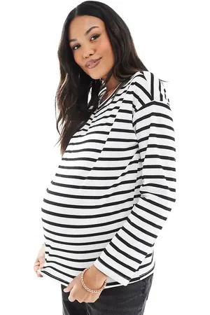 Mama;licious Mamalicious Maternity long sleeved waffle jersey top in mono stripe-Multi