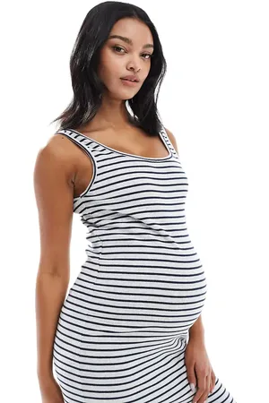 Mama;licious Mamalicious Maternity ribbed midi tank dress in grey and blue stripe