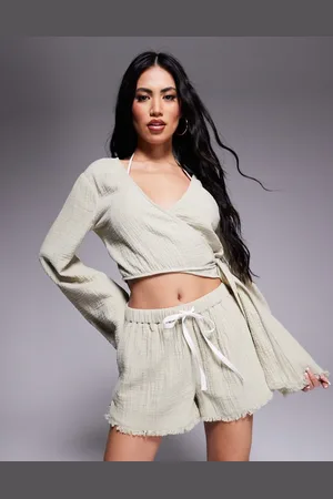 ASOS Callie cheesecloth frayed beach shorts in washed sage-Green