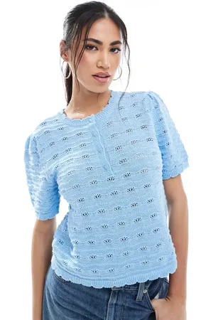 VERO MODA Short sleeved crochet top with buttons in light blue
